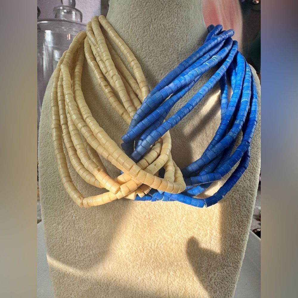 Vintage Dyed Blue and Cream Bone Beaded Necklace